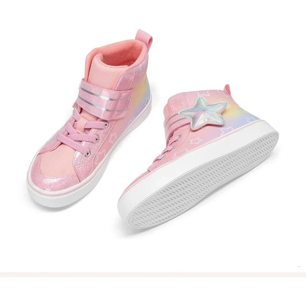 Kid's Girls Sneaker Hook Loop Sparkly Shiny Star Comfortable Casual Pink Shoes - Picture 5 of 6